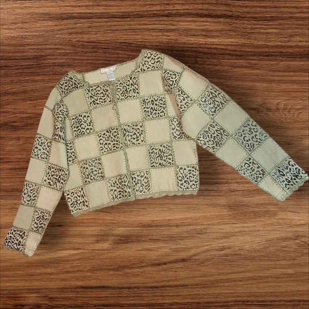 Leather Patchwork Blazer Solid Green & Animal Pri… - image 7